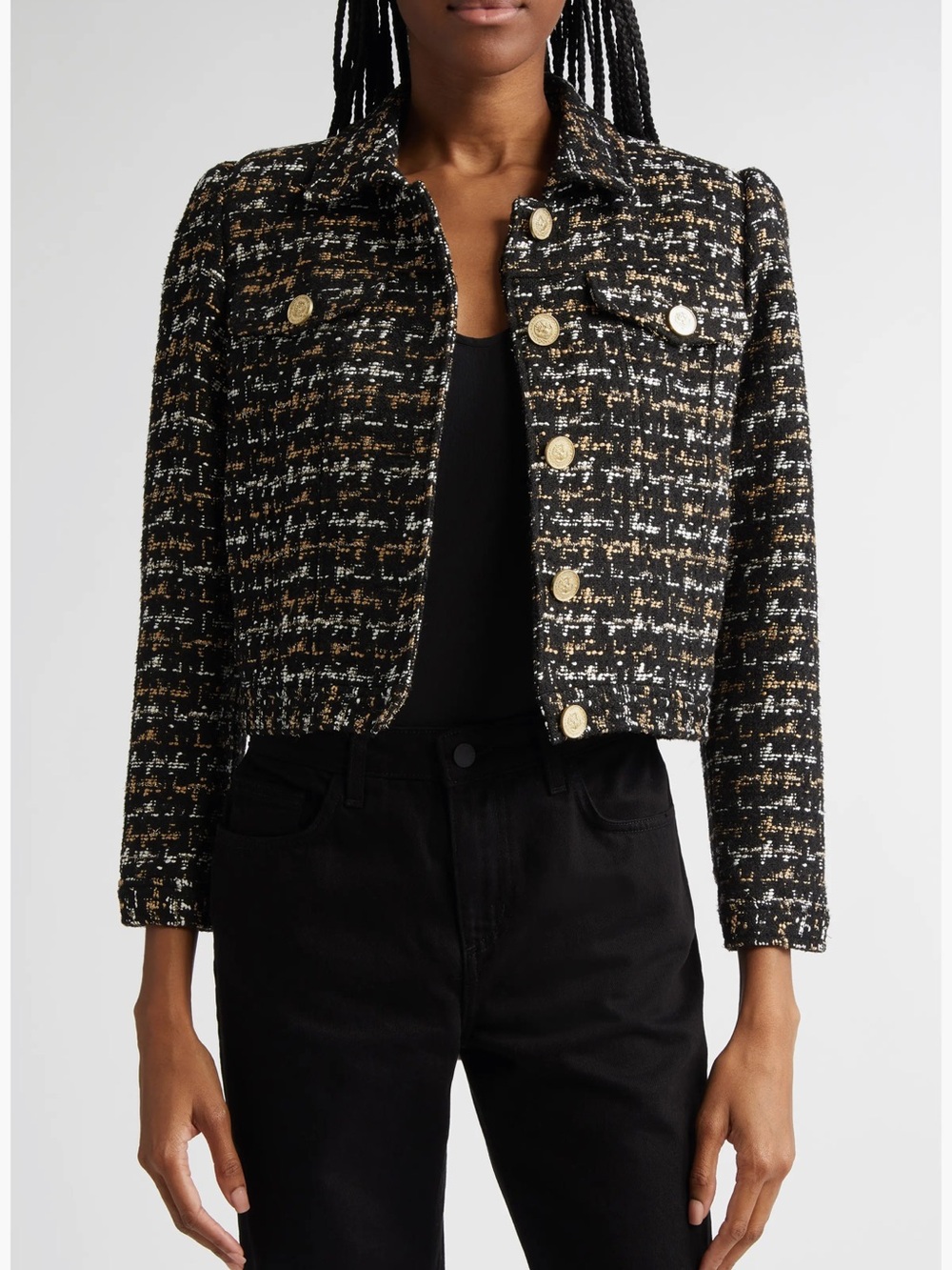 L'AGENCE Black and White Tweed Cropped Blazer with Gold Buttons